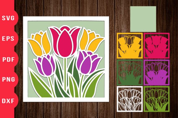 3D Tulip Flower Shadow Box Art: A Vibrant Graphic Design Asset for Small Business Branding