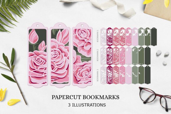 Bookmark Roses Layered PaperCut SVG: A 3D Graphic Design Asset for Paper Flowers & Branding